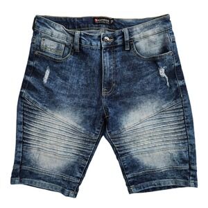 Southpole (Men's 30) Blue Denim Jean Shorts Slim Moto Biker Acid Wash Distressed